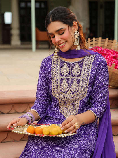 Janasya Purple Straight Rayon Blend Kurta,Bottom & Dupatta - Dista