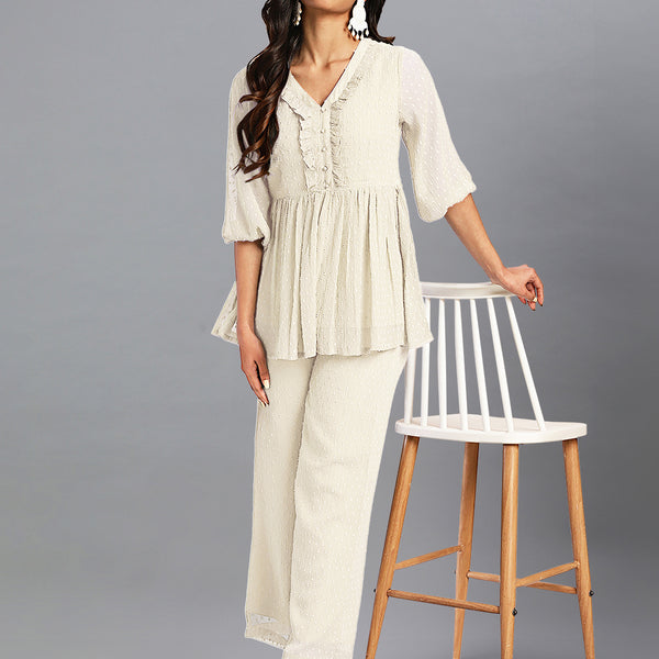 Janasya Light Dobby Chiffon Self Design Peplum Top & Bottom Set