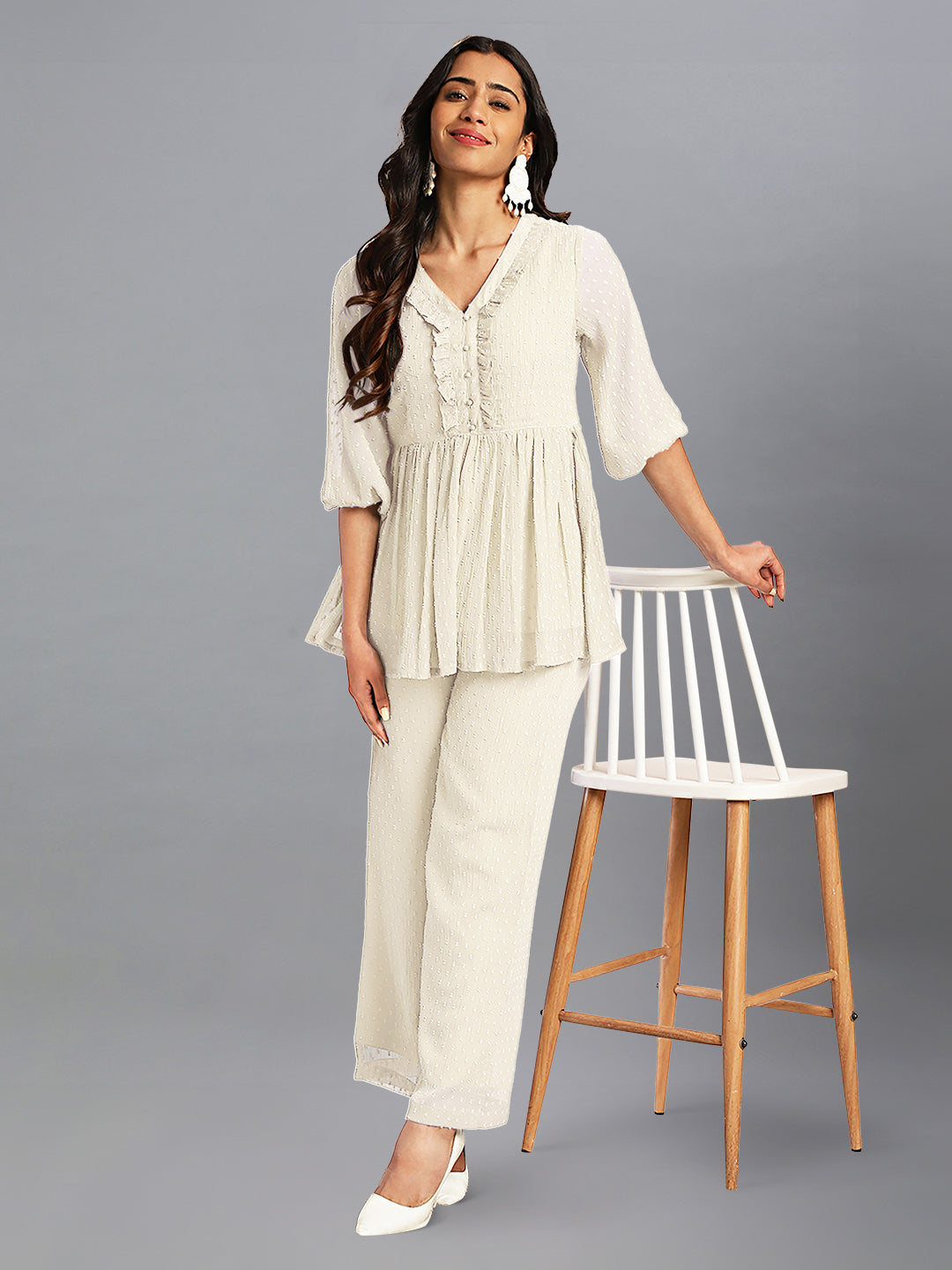 Janasya Light Dobby Chiffon Self Design Peplum Top & Bottom Set - Distacart