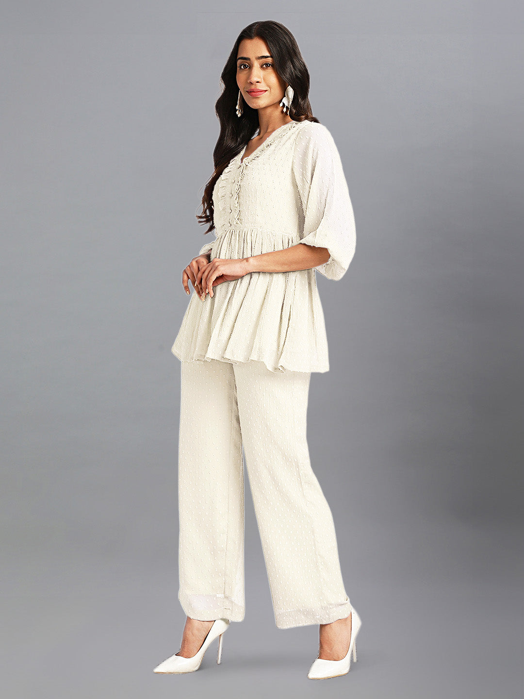 Janasya Light Dobby Chiffon Self Design Peplum Top & Bottom Set