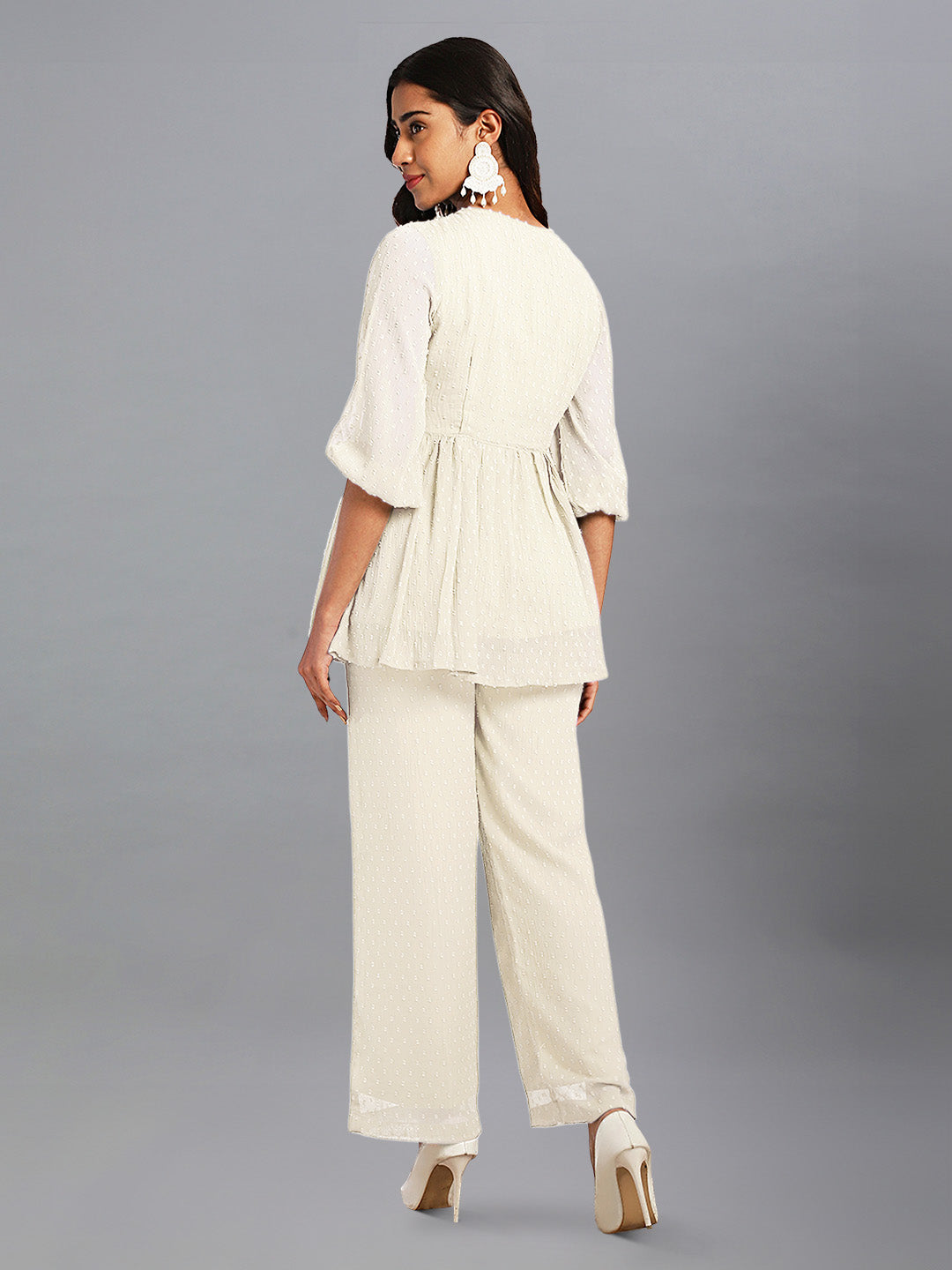 Janasya Light Dobby Chiffon Self Design Peplum Top & Bottom Set
