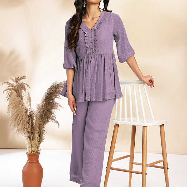 Janasya Light Dobby Chiffon Self Design Peplum Top & Bottom Set