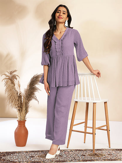 Janasya Light Dobby Chiffon Self Design Peplum Top & Bottom Set - Distacart