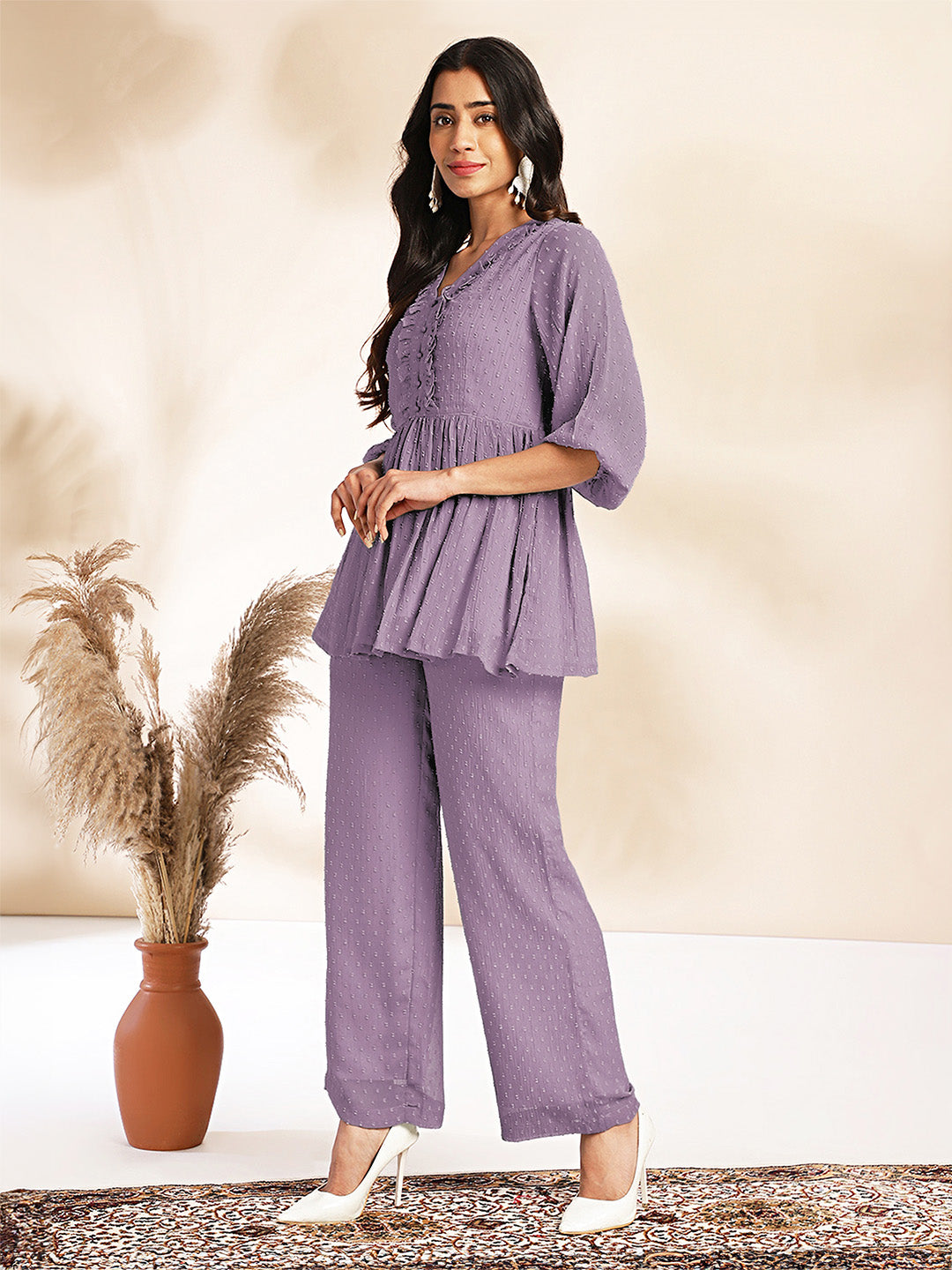 Janasya Light Dobby Chiffon Self Design Peplum Top & Bottom Set - Distacart