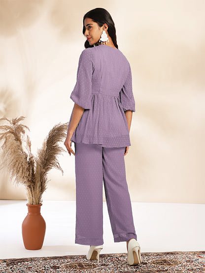 Janasya Light Dobby Chiffon Self Design Peplum Top & Bottom Set - Distacart
