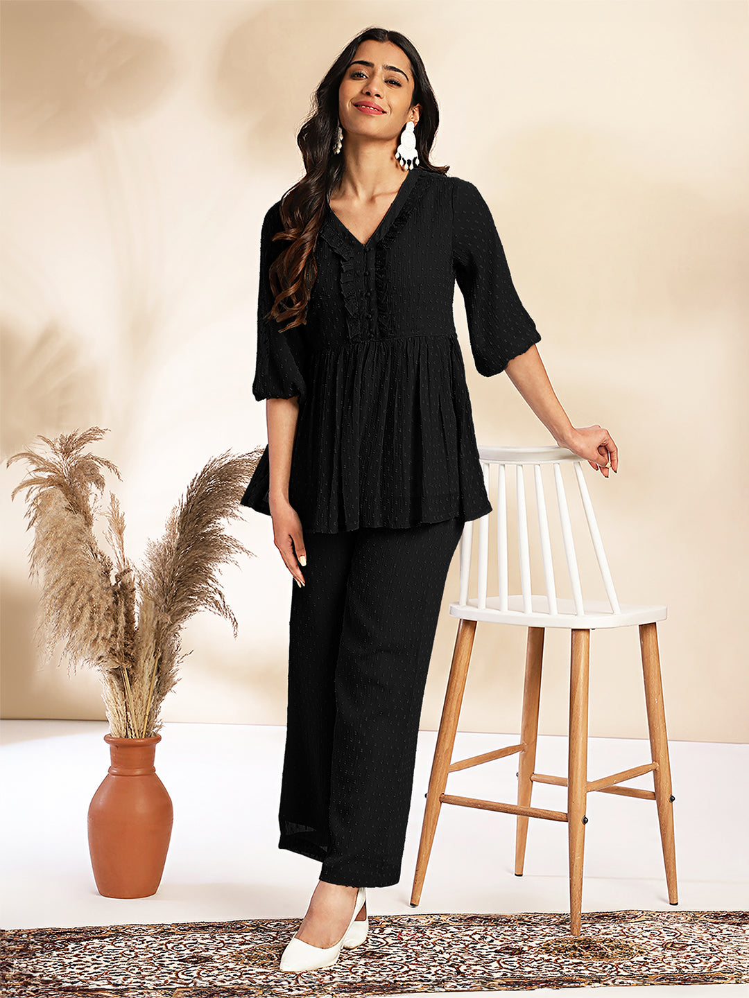 Janasya Light Dobby Chiffon Self Design Peplum Top & Bottom Set - Distacart
