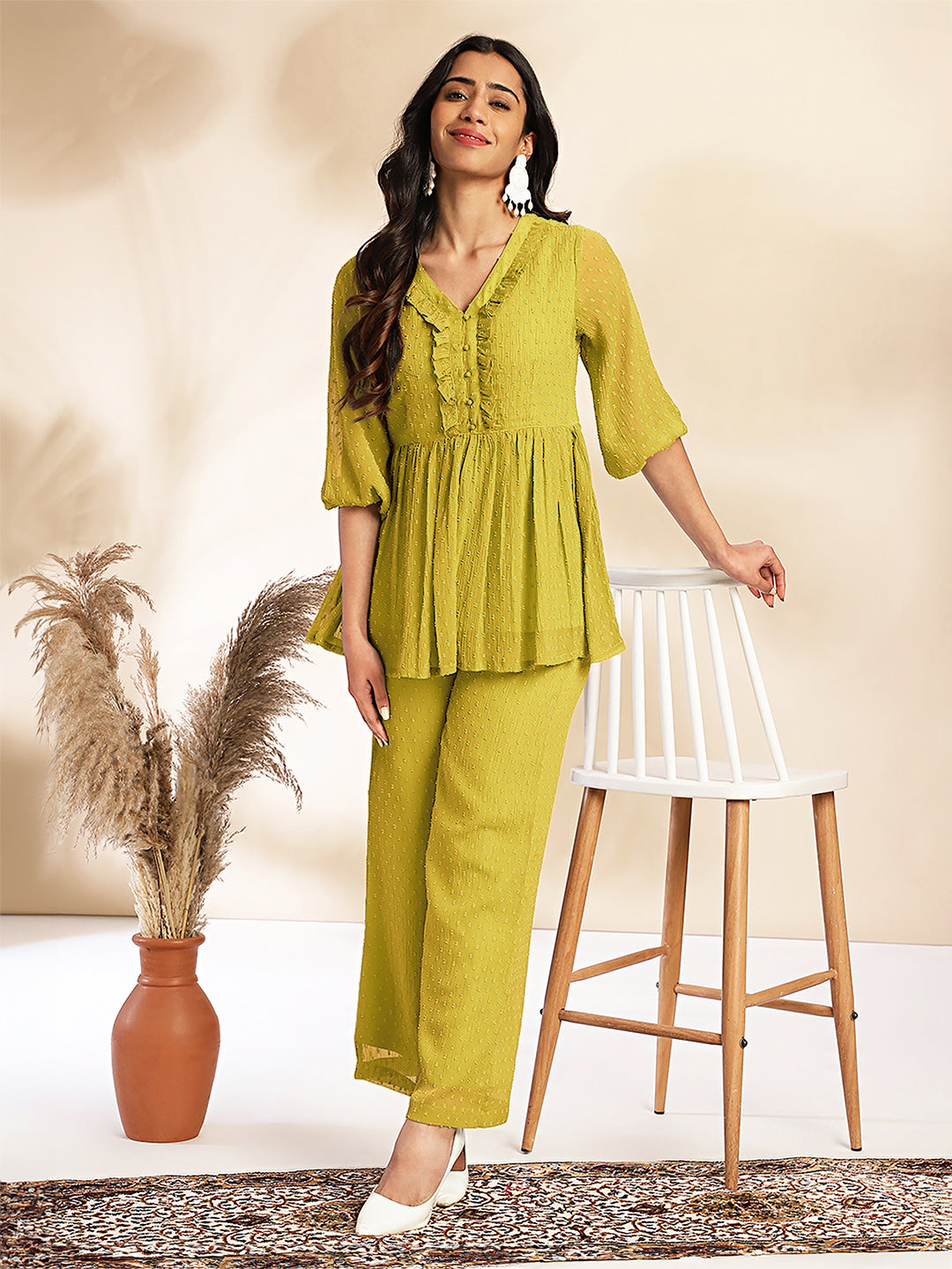 Janasya Light Dobby Chiffon Self Design Peplum Top & Bottom Set