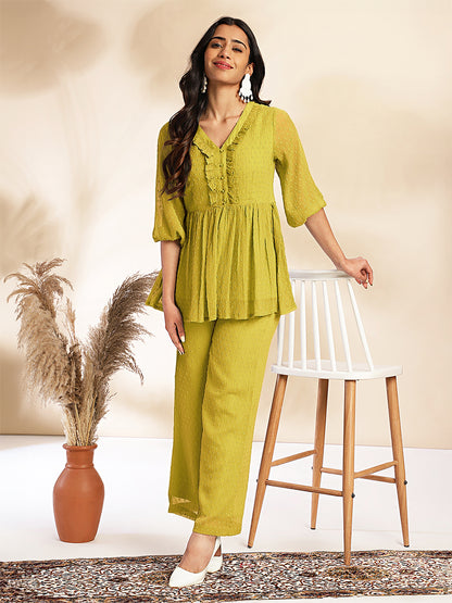 Janasya Light Dobby Chiffon Self Design Peplum Top & Bottom Set - Distacart