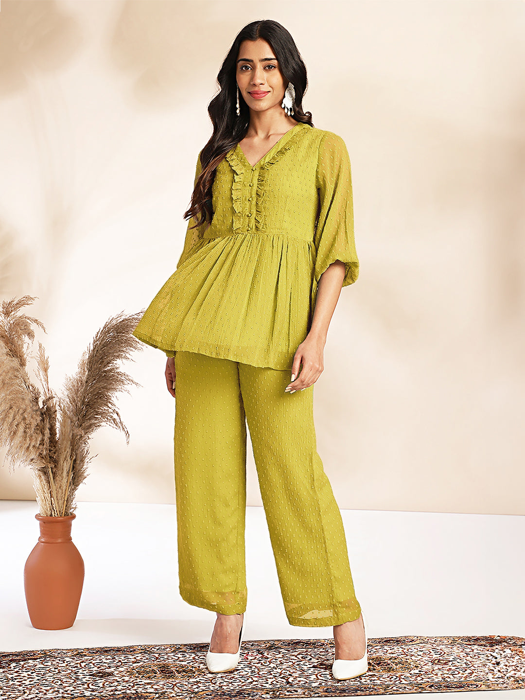 Janasya Light Dobby Chiffon Self Design Peplum Top & Bottom Set - Distacart