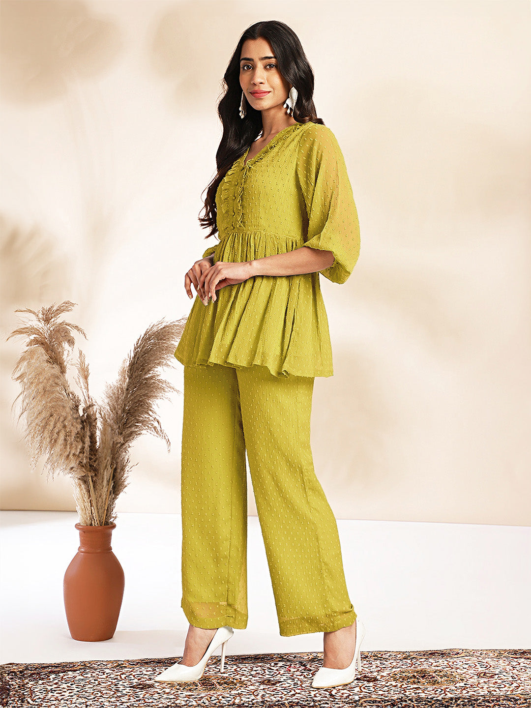 Janasya Light Dobby Chiffon Self Design Peplum Top & Bottom Set - Distacart