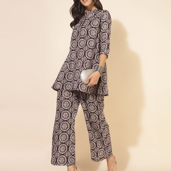 Janasya Dark Cotton Ethnic Motifs A-Line Top & Bottom Set