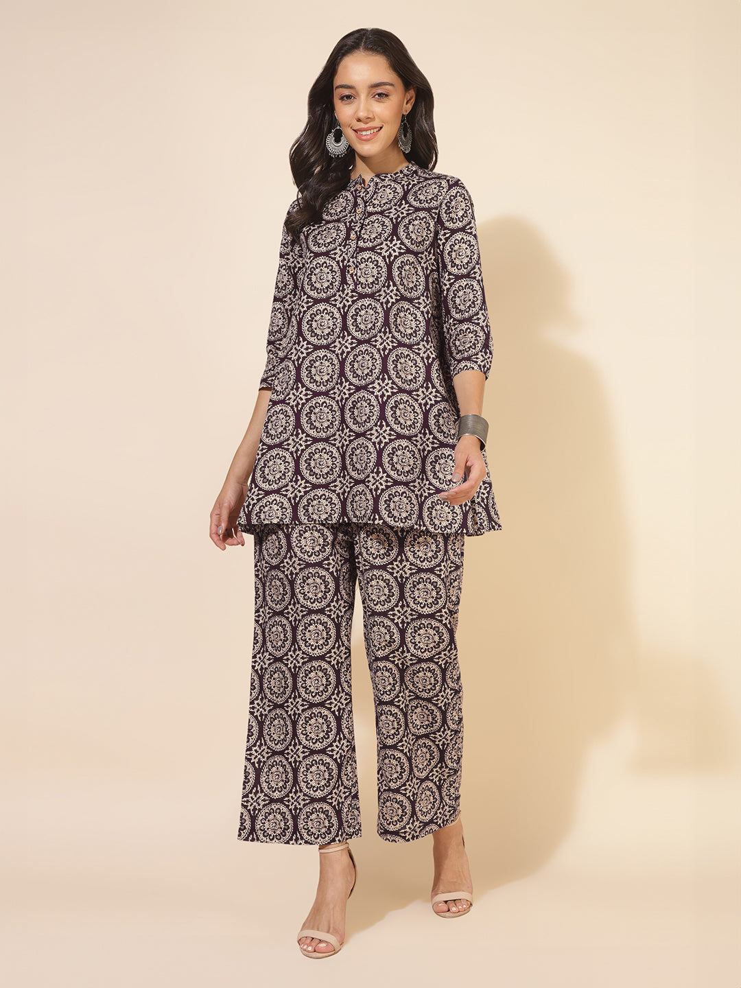 Janasya Dark Cotton Ethnic Motifs A-Line Top & Bottom Set