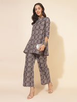 Thumbnail for Janasya Dark Cotton Ethnic Motifs A-Line Top & Bottom Set