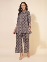 Thumbnail for Janasya Dark Cotton Ethnic Motifs A-Line Top & Bottom Set