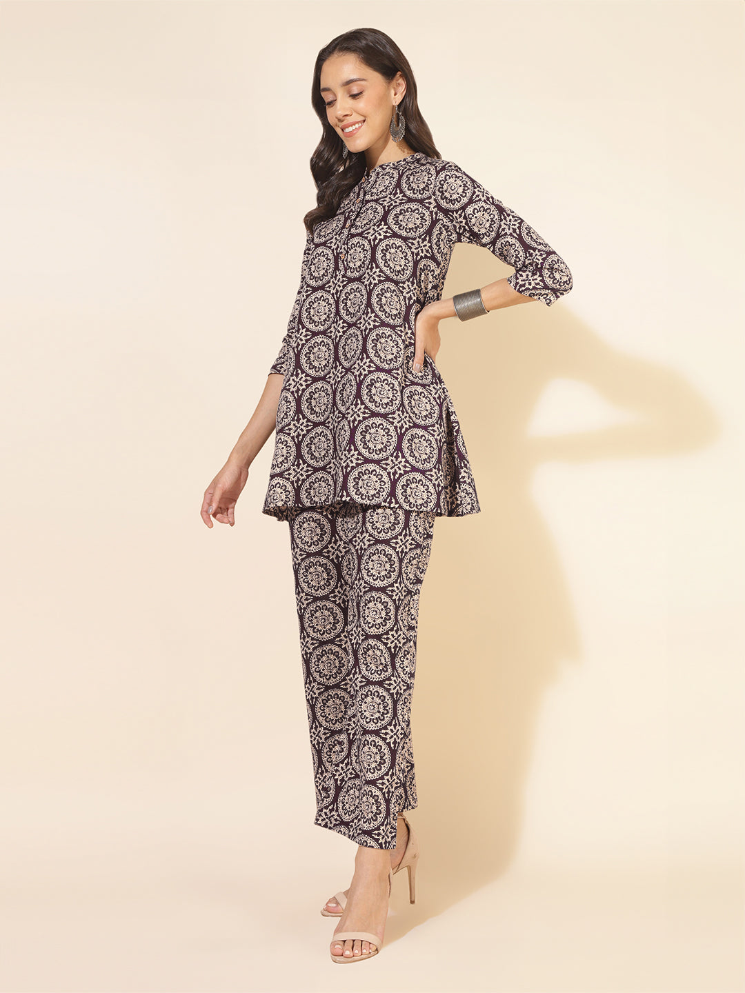 Janasya Dark Cotton Ethnic Motifs A-Line Top & Bottom Set