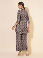 Thumbnail for Janasya Dark Cotton Ethnic Motifs A-Line Top & Bottom Set