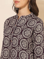 Thumbnail for Janasya Dark Cotton Ethnic Motifs A-Line Top & Bottom Set