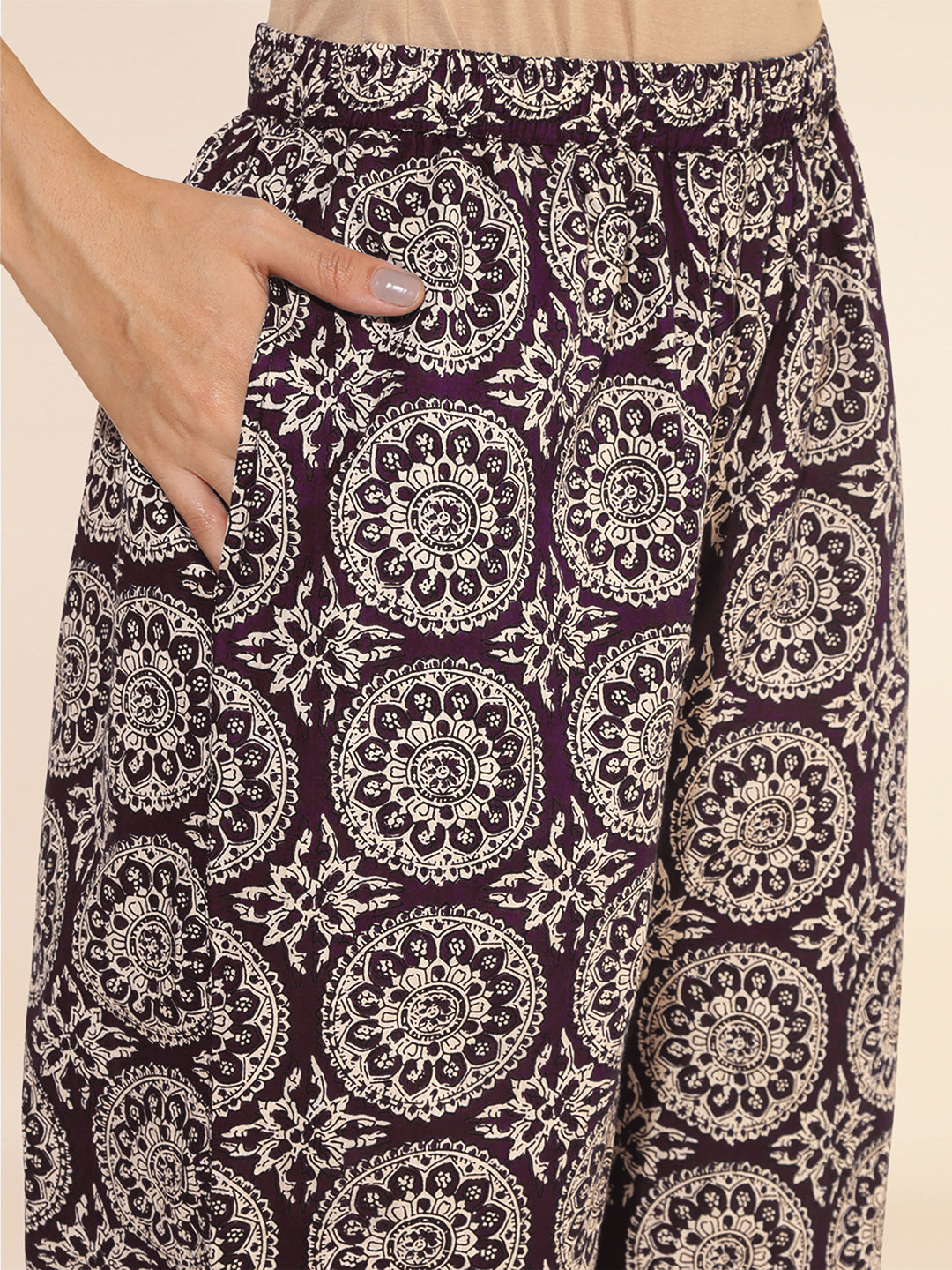 Janasya Dark Cotton Ethnic Motifs A-Line Top & Bottom Set