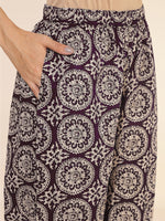 Thumbnail for Janasya Dark Cotton Ethnic Motifs A-Line Top & Bottom Set