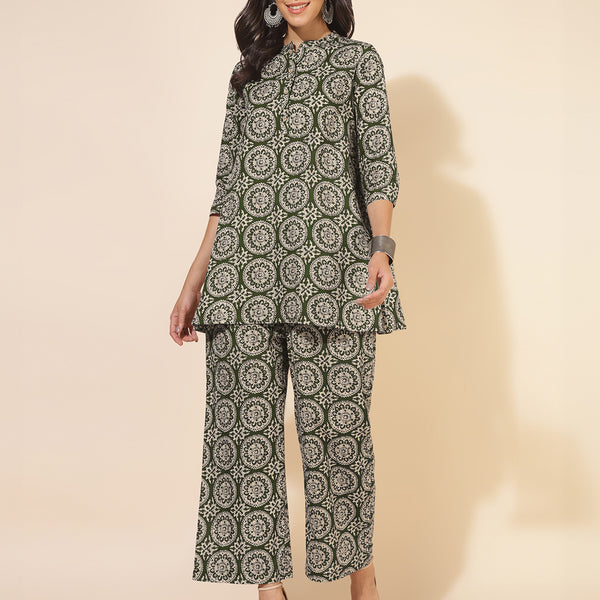Janasya Dark Cotton Ethnic Motifs A-Line Top & Bottom Set