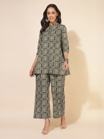 Thumbnail for Janasya Dark Cotton Ethnic Motifs A-Line Top & Bottom Set