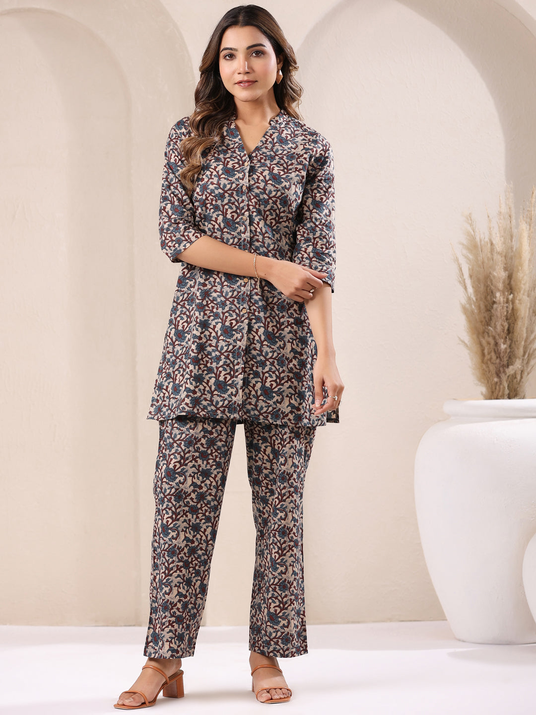Janasya Dark Cotton Floral Straight Top & Bottom Set
