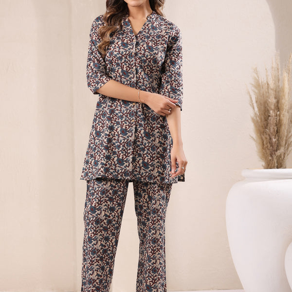 Janasya Dark Cotton Floral Straight Top & Bottom Set