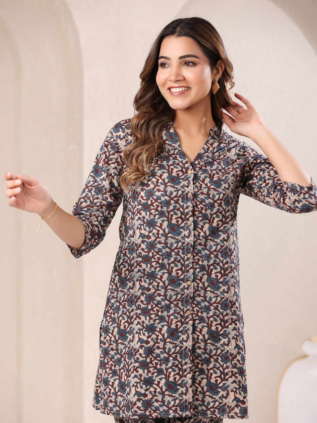 Janasya Dark Cotton Floral Straight Top & Bottom Set