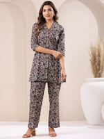 Thumbnail for Janasya Dark Cotton Floral Straight Top & Bottom Set