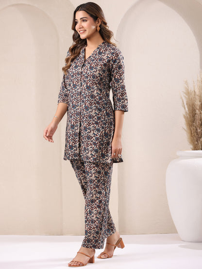 Janasya Dark Cotton Floral Straight Top & Bottom Set - Distacart