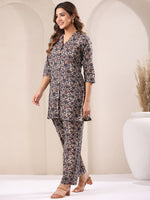 Thumbnail for Janasya Dark Cotton Floral Straight Top & Bottom Set