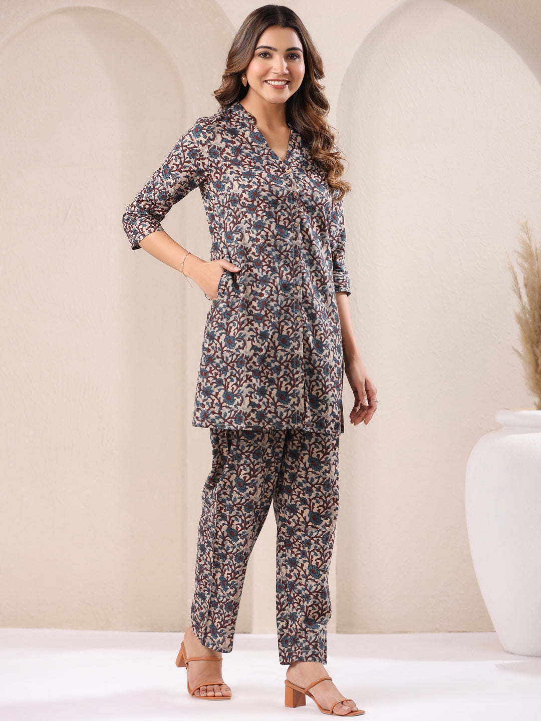 Janasya Dark Cotton Floral Straight Top & Bottom Set