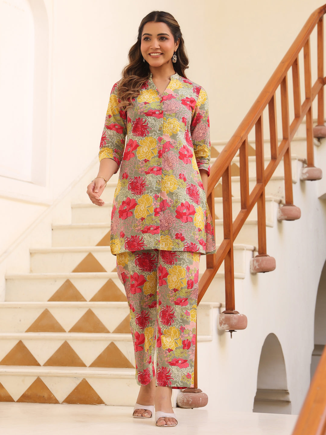 Janasya Dark Cotton Floral Straight Top & Bottom Set
