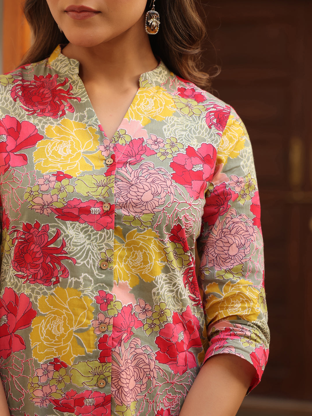 Janasya Dark Cotton Floral Straight Top & Bottom Set