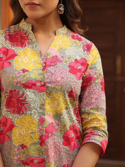 Janasya Dark Cotton Floral Straight Top & Bottom Set - Distacart