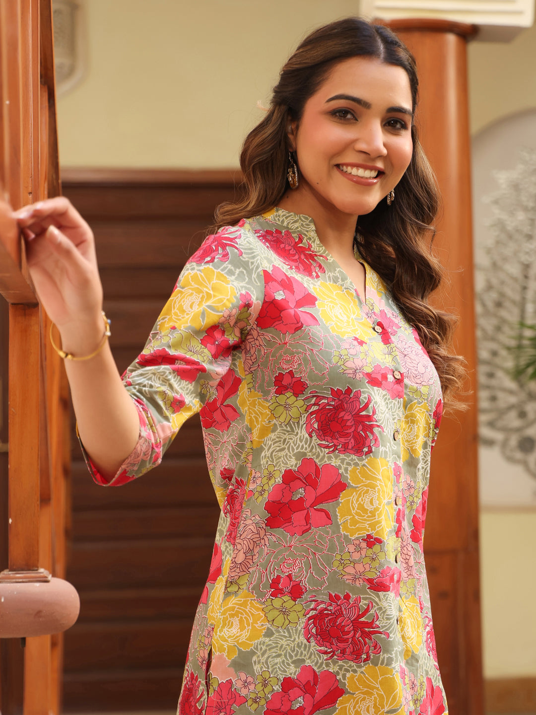 Janasya Dark Cotton Floral Straight Top & Bottom Set