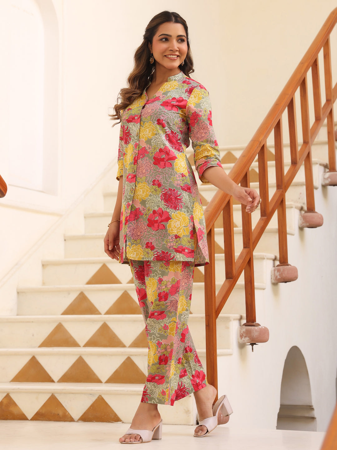 Janasya Dark Cotton Floral Straight Top & Bottom Set