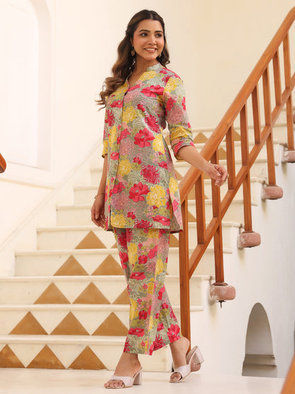 Janasya Dark Cotton Floral Straight Top & Bottom Set - Distacart