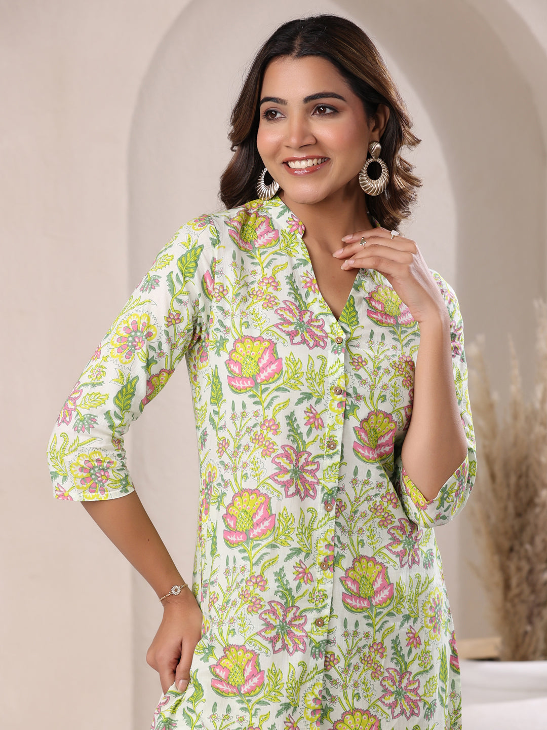 Janasya Light Cotton Floral Straight Top & Bottom Set