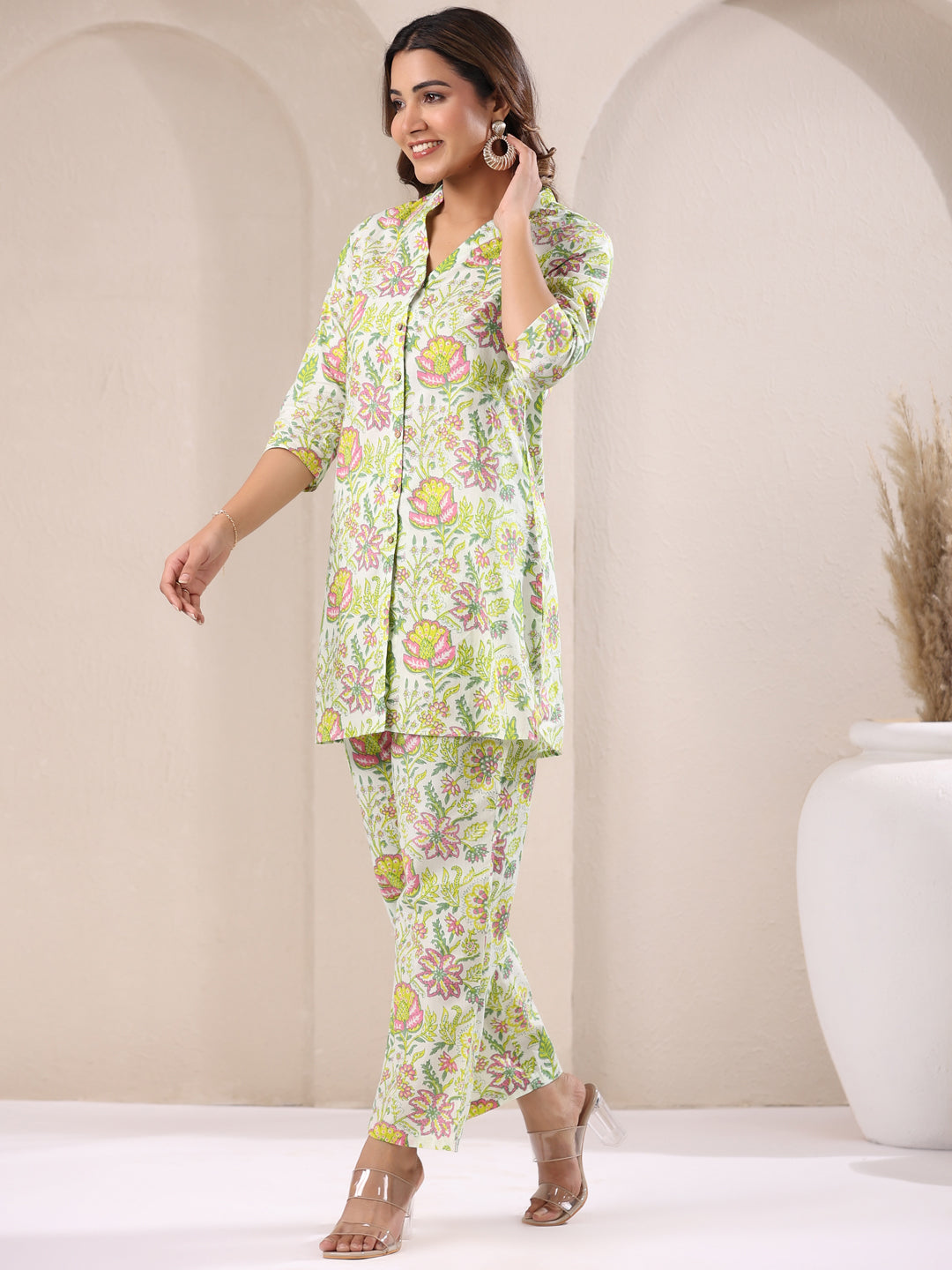 Janasya Light Cotton Floral Straight Top & Bottom Set