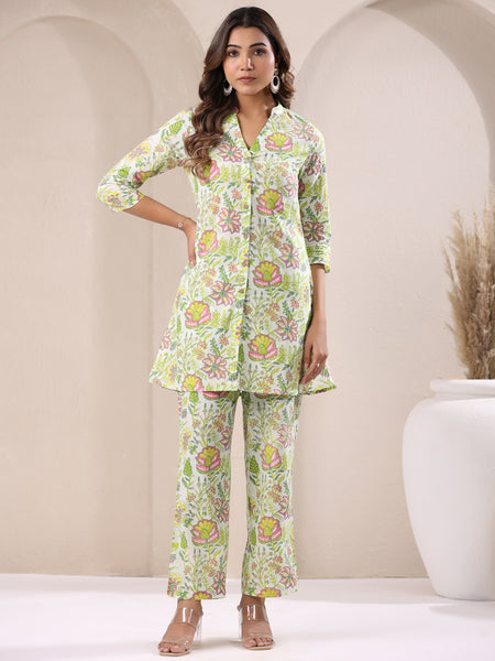 Janasya Light Cotton Floral Straight Top & Bottom Set