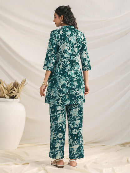 Janasya Dark Cotton Floral Straight Top & Bottom Set - Distacart