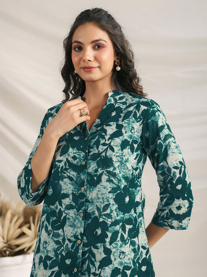 Janasya Dark Cotton Floral Straight Top & Bottom Set - Distacart
