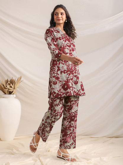 Janasya Dark Cotton Floral Straight Top & Bottom Set - Distacart