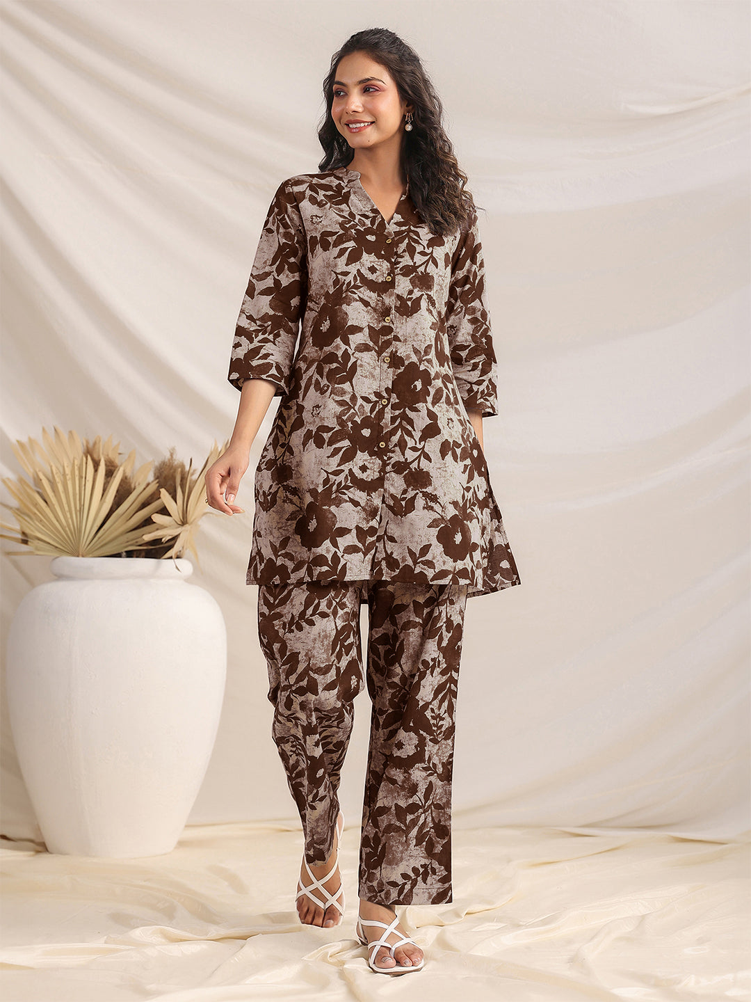 Janasya Dark Cotton Floral Straight Top & Bottom Set