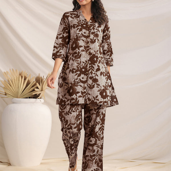 Janasya Dark Cotton Floral Straight Top & Bottom Set
