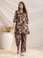 Thumbnail for Janasya Dark Cotton Floral Straight Top & Bottom Set