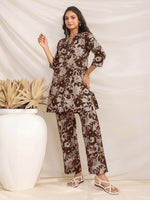Thumbnail for Janasya Dark Cotton Floral Straight Top & Bottom Set