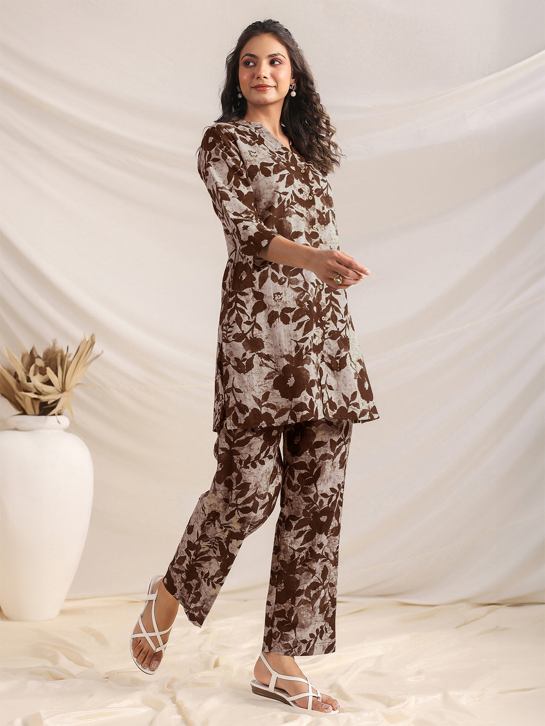 Janasya Dark Cotton Floral Straight Top & Bottom Set