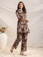 Thumbnail for Janasya Dark Cotton Floral Straight Top & Bottom Set